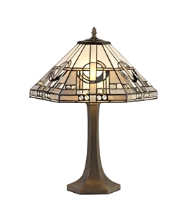 Berger 2 Light Octagonal Table Lamp E27 With 40cm Tiffany Shade, White-Grey-Black-Clear Crystal-Aged Antique Brass