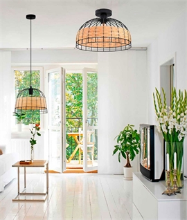 Black Wire and Rattan Flush Ceiling Light
