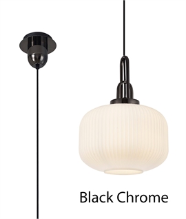 Single Pumpkin Shaped Ribbed Pendant Light - Opal Glass