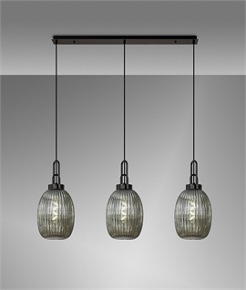 Linear 3 Light Bar Pendant - Almond 20cm Ribbed Glass