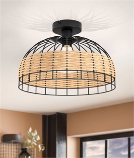 Black Wire and Rattan Flush Ceiling Light