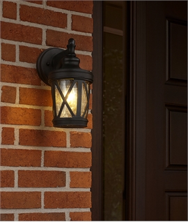 Black & Seed Glass Exterior Hanging Lantern with Criss-Cross Pattern 