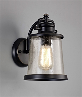 Black & Gold Exterior Wall Light with Seeded Clear Glass - IP54