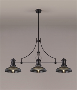 3 Light Matt Black Linear Pendant - 30cm Round Smoke Glass Shades