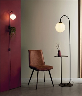 Black Floor Lamp with Opal Globe Shade & Integrated Table
