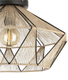 Contemporary Flush Ceiling Light - Black Metal and Raffia 