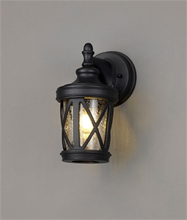 Black & Seed Glass Exterior Hanging Lantern with Criss-Cross Pattern 
