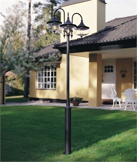 Curved Lampost with Three Clear Glass Lanterns