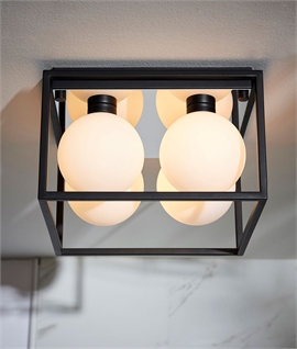 Black Square Frame Ceiling Light with Opal Globes - IP44