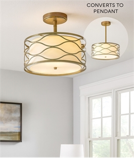 Aged Gold & Cream Drum Shade Pendant - Convertible to Semi-Flush 