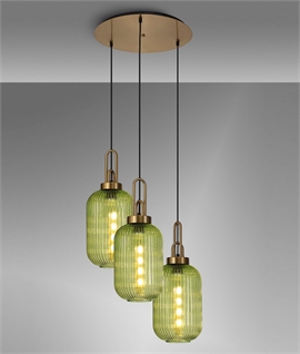 Brass Round 3 Light Cluster Pendant with Ribbed Green Shades