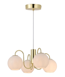 Curved Swan Neck 4 Light Pendant - Brass Finish with Opal Shades