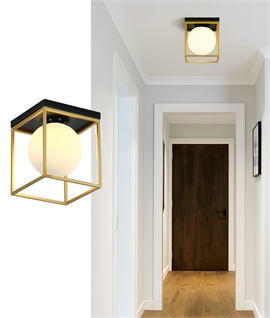 Flush Mounted Brass Box with Single Opal Glass Globe