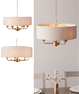 Brass Chandelier & Natural Linen Shade Pendant Lights