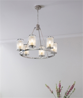 Elegant 6-Light Nickel-Plated Light Pendant with Ribbed Bubbled Glass