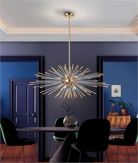 Atom-Style Pendant Light with Amber Accents and Adjustable Drop Length