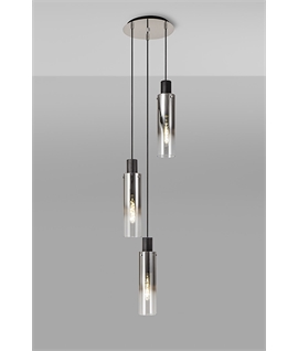 Bruni Round Pendant, 3 Light Adjustable E27, Black-Smoke Fade Glass