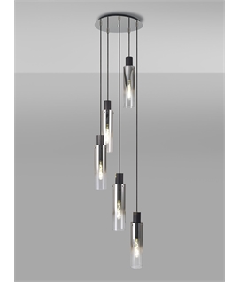 Bruni Round Pendant, 5 Light Adjustable E27, Black-Smoke Fade Glass