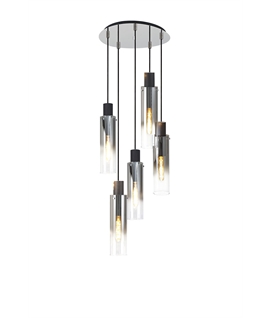 Bruni Round Pendant, 5 Light Adjustable E27, Black-Smoke Fade Glass
