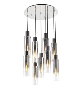 Bruni Round Pendant, 9 Light Adjustable E27, Black-Smoke Fade Glass