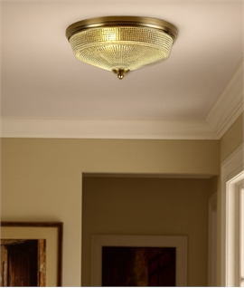 Prismo 3 Light E27 Flush Ceiling Light, Antique Brass-Prismatic Glass