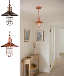 Metal Coolie Shade Light Pendant with Caged Lamp & Clear Glass - in Brass or Copper Finish