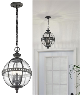 Exterior Dark Bronze & Seeded Glass Globe Pendant - IP44