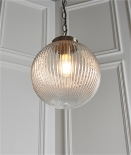Reeded Clear Glass and Brass Globe Pendant - School House Style 