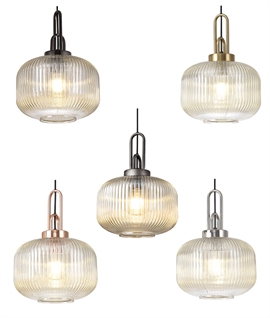 Single Pumpkin Shaped Ribbed Pendant Light - Champagne Glass