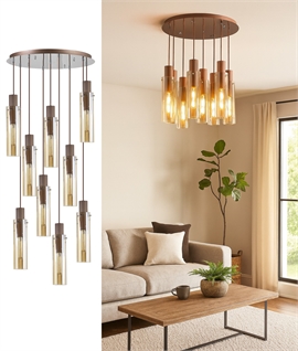 9 Flex Round Ceiling Plate Long Drop Pendant - Mocha & Amber Glass