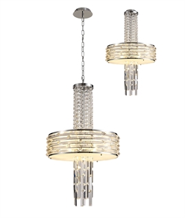 Art Deco Style Circular and Long Drop Chrome & Crystal Pendant 