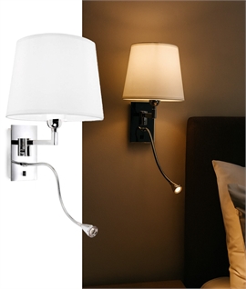 Switched Chrome Bedside Wall Light - LED Reader & Off-White Shade