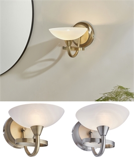 Curved Bracket and Matt White Glass Cup Shade Wall Light
