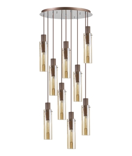 Bruni 9 Light Round Long Drop Pendant - Mocha & Amber Glass
