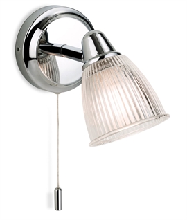 Chrome and Ribbed Glass Bathroom Wall Light - Pull Cord