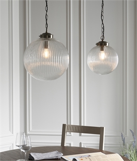 Reeded Clear Glass and Brass Globe Pendant - School House Style 