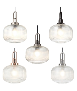 Single Pumpkin Shaped Ribbed Pendant Light - Clear Glass
