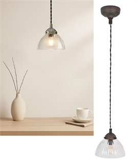 French Style Ribbed Glass Pendant Lights - Satin Nickel or Antique Bronze