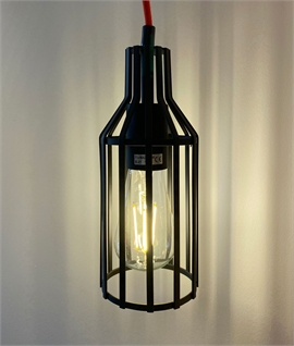 Black Cage Pendant Light with Red Flex - Industrial E27 Fixture