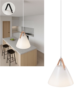 Scandinavian Opal Glass or Metal Pendant with Leather Accent - Minimal Kitchen Island Lighting