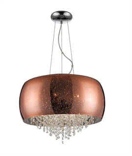 Copper Glass Drum Pendant with Crystal Detailing