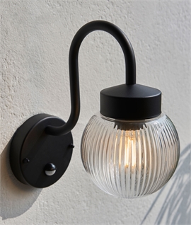 Exterior Curved Arm and Glass Globe Wall Light with PIR