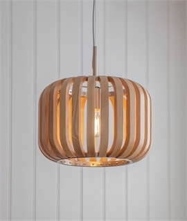 Wooden Light Pendant in Ash with Satin Nickel Wire Suspension