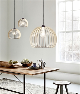 Curved Slatted Wooden Pendant in Light Brown Veneer