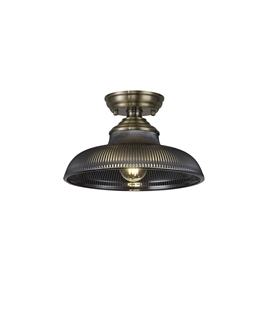 Damilo 1 Light Flush Ceiling E27 With Round 30cm Glass Shade Antique Brass-Smoked