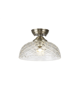 Damilo 1 Light Flush Ceiling E27 With Flat Round 30cm Patterned Glass Shade Antique Brass-Clear