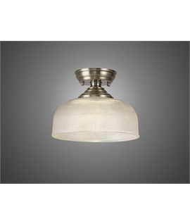 Damilo 1 Light Flush Ceiling E27 With Round 26.5cm Prismatic Effect Glass Shade Antique Brass-Clear