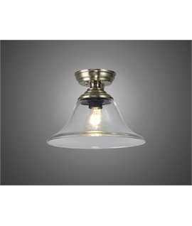 Damilo 1 Light Flush Ceiling E27 With Smooth Bell 30cm Glass Shade Antique Brass-Clear