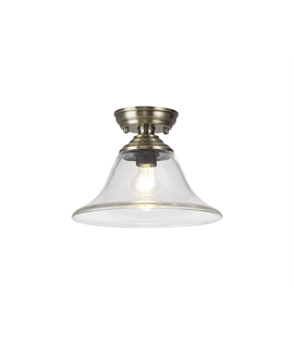 Damilo 1 Light Flush Ceiling E27 With Smooth Bell 30cm Glass Shade Antique Brass-Clear
