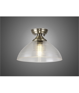 Damilo 1 Light Flush Ceiling E27 With Round 33.5cm Prismatic Effect Glass Shade Antique Brass-Clear